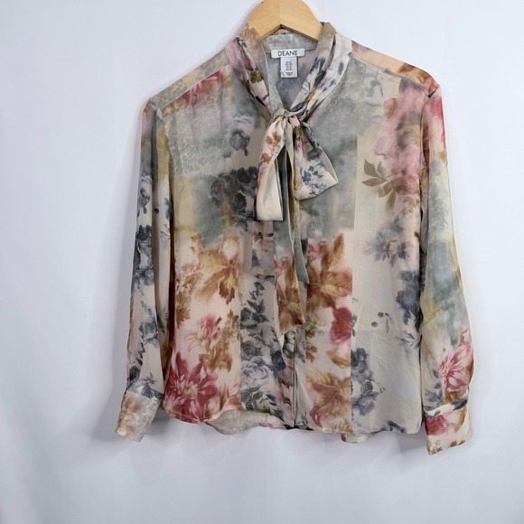 Deane Mel Tie Neck Sheer Blouse Women Small Petite Off-White Floral NWT - Picture 3 of 7